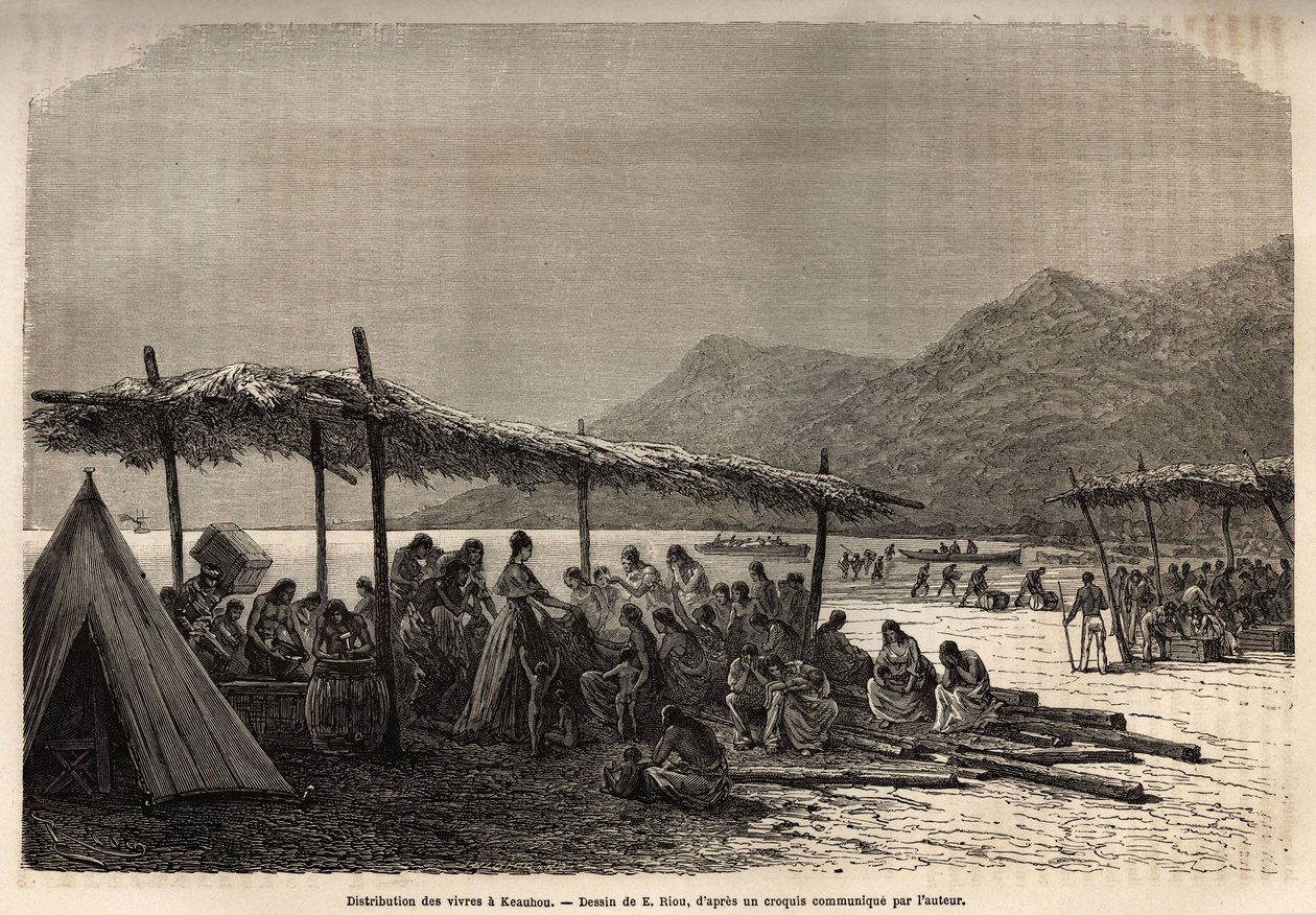1868 engraving showing the distribution of relief food to disaster victims at Keauhou after the Ka‘ū earthquake and volcanic eruption